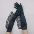 Schwarze Fransen lange Satin Handschuhe für 1920er Jahre Party Latein Tanz Abendkleid Accessoire. - Einheitsgröße / Schwarz