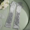 Elegant 50cm long ruched silver satin gloves for wedding bridal evening party and photography. - One Size / Gray
