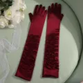 Elegant burgundy long satin ruched gloves for wedding party bridal evening prom photography wear. - One Size / Wine Red