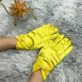 Elegant yellow satin gloves with faux pearl bow decoration for wedding party and evening dress. - One Size / Yellow
