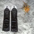 Black satin long fingerless gloves with intricate lace embroidery and beadwork for women. - One Size / Black