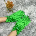 Elegant green satin gloves with pearl and rhinestone decor, perfect for weddings and evening parties. - One Size / Green