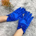 Royal blue satin gloves with pearl rhinestone decor, elegant wedding party dress accessories. - One Size / Blue