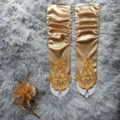 Gold satin ruched fingerless gloves with delicate embroidery for weddings and stage. - One Size / Gold