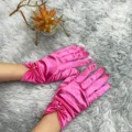 Pink satin gloves with pearl and rhinestone decoration for wedding and evening party. - One Size / Rose Red