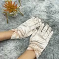 Satin gloves champagne pearl wrist wedding party elegant stretchy satin bridal accessory - One Size / Champagne