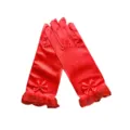 Gants de soirée en satin rouge vue de détail avec bordure en dentelle élégante et nœud - Taille unique / Rouge