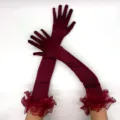 Burgundy satin long gloves with ruffled mesh and pearl cuffs for 1920s vintage party costumes. - Burgundy