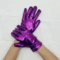 Details of the shiny purple reflective cosplay gloves, smooth texture, stage wear. - One Size / Purple