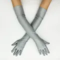 Close-up detail of long silver spandex opera gloves for evening parties and weddings. - Gray