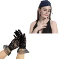 Detailed view of black lace gloves and blue pillbox hat, showing exquisite texture and design. - Navy Blue