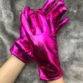 Detailed close-up shot of shiny metallic pink cosplay gloves for women stage performance. - One Size / Rose Red
