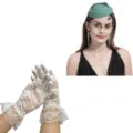 Ensemble de gants en dentelle blanche vintage et chapeau fascinateur vert pour femmes. - Vert Menthe