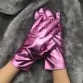 Shiny metallic pink patent leather gloves for stage performance, party, and cosplay accessories. - One Size / Pink