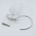 White 1920s mesh fascinator headpiece with flower feather, headband and hair clip set. - White