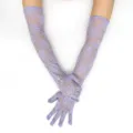 Detailed view of women's extra long lace sun protection gloves in elegant lavender purple. - Light Purple