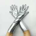 Lange metallische silberne Lackleder Handschuhe elastische sexy Party Club Wear Mode. - Einheitsgröße / Silber
