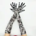 Gants longs en filet d'Halloween accessoires de costume de fête avec imprimés de château. - Taille unique / Gris Os