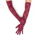 Detailed showcase of elegant women wine red long lace gloves for stylish sun protection. - Burgundy