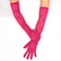 Hot pink lace long gloves detail shot, elegant floral pattern, breathable fabric for sun protection. - Rose Red