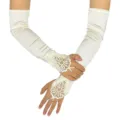 Gants longs en satin blanc sans doigts avec dentelle exquise et perles pour mariage et soirée. - Taille unique / Blanc Cassé