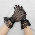 Black lace mesh gloves for women, stylish summer short fishnet glove with bow and crystal. - One Size / Black Lace Bow with Rhinestone
