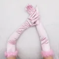 Longs gants en satin rose avec manchette en plumes rétro fête opéra cosplay costume femme - Taille unique / Rose