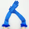 Long royal blue satin gloves with feather cuffs, vintage 1920s party opera costume accessories. - One Size / Blue