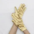 Gold satin short gloves, shiny stretch evening party performance accessories detail. - Gold
