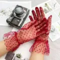 Stylish women red polka dot lace mesh gloves short sheer ruffle sun protection gloves - One Size / Red With Black Dots