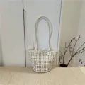 Borsa a secchiello intrecciata donna estate casual spalla bianca grande capacità moda - Bianco