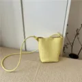Yellow Woven Leather Bucket Bag Casual Daily Crossbody Shoulder Bag for Women Chic Purse - Light Yellow