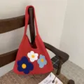 Borsa a tracolla in maglia rossa con simpatici fiori 3D, borsa tote estetica casual. - Rosso