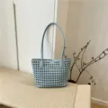 Sac Cabas Tissé Bleu Clair Design Ajouré Sac Bandoulière Casual Grande Capacité Tendance - Bleu