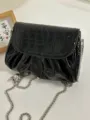 Black croc embossed ruched shoulder bag with silver chain strap for women chic daily wear - Black