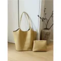 Borsa tote intrecciata in pelle beige con pochette abbinata, elegante borsa da lavoro. - Giallo