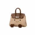 Borsa a mano peluche marrone patta pelle con viso sorridente e piedi carini variante - Kaki