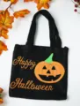 Black Halloween felt tote bag with pumpkin print, perfect festive candy gift bag for party. - Black