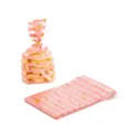 Pink striped cellophane cookie bags with gold hearts and twist ties for bakery packaging. - Pink Striped Heart / 50 Sheets