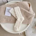 White plush cable knit warm mid-tube cozy socks for women autumn and winter daily wear. - One Size / White