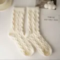 White plush cable knit cozy warm winter socks for women thick fleece lined sleep floor socks - One Size / Creamy White