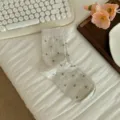 Grey floral mid-tube socks women cute Japanese style casual cotton socks daily wear fashion - One Size / Grayish White
