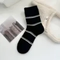 Women's black striped mid-tube socks, Korean style simple casual college daily wear socks. - One Size / Black