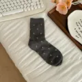 Women's grey mid-tube socks with cute white floral pattern, Japanese vintage style casual socks. - One Size / Dark Gray