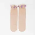 Women sheer short socks, nude ultra thin core-spun silk socks with purple lace ruffles non-slip - One Size / Nude with Purple Flowers