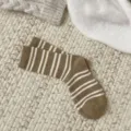 Brown and white striped women mid-tube socks, cozy winter knit casual socks for daily wear. - One Size / Light Coffee
