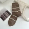 Women brown striped mid-calf socks cozy autumn winter fashion daily casual knit hosiery - One Size Bare Socks / Coffee