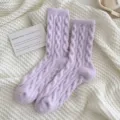 Thick fuzzy plush winter socks in lavender, cozy cable knit fleece lined warm thermal floor socks. - One Size / Purple