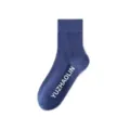 Men solid blue mid-tube socks with white letter print, breathable autumn winter fashion daily wear. - One Size / Navy Blue