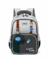 Detail shot of the multi-compartment student backpack, showing grey fabric and cute badge accents. - Gray